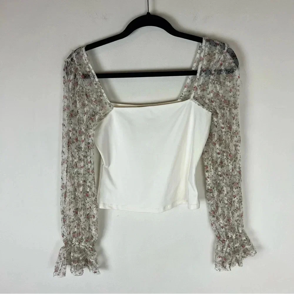 NWT FREE PEOPLE GIMMIE BUTTERFLIES SHEER SLEEVE TOP Size XS
